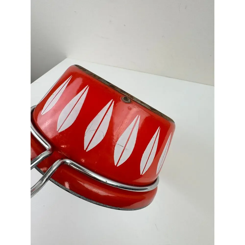 Vintage 1960's Cathrineholm Red White Lotus Pot w/Handle & Lid Made In Norway